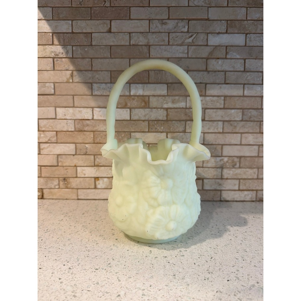Vintage‎ Fenton Ruffled Poppy Basket Green Custard Satin Glass 9.50" Tall 1960